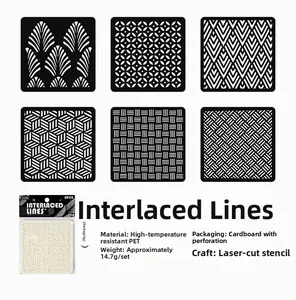 Detailed set of 6 vintage PET geometric drawing stencils for DIY art journaling