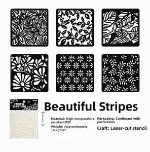 Laser-cut PET painting stencils set of 6 featuring floral and leaf textured patterns