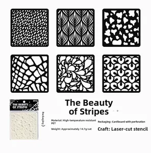Detailed laser-cut PET stencil set featuring six distinct texture patterns and packaging