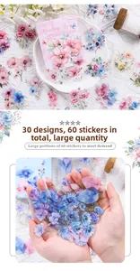 Macro detail of 60pcs PET flower stickers showing spring floral patterns for DIY scrapbooking