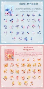 Close-up of butterfly and floral PET stickers in violet and orange autumn tones