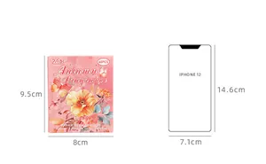 Size comparison chart showing a 9.5cm floral sticker box next to an iPhone 12 model