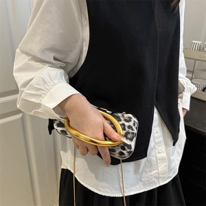 Fashionable leopard print box clutch with oversized gold circular handle and crossbody chain