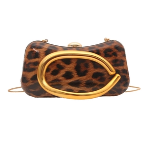 Leopard print box evening clutch bag with gold oval handle and chain shoulder strap