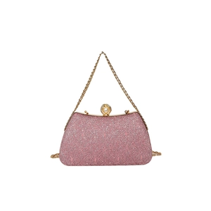 Pink evening clutch bag with sequins, gold frame, and pearl clasp for elegant banquet style