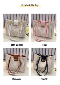 Detailed comparison of four handwoven straw tote bags with colorful leather flaps and gold locks
