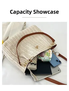 Top-down view of spacious woven straw tote bag showing large capacity for daily items