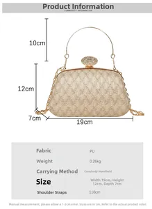 Detailed size specifications for the gold sequin evening clutch bag with chain strap