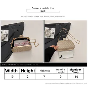 Detailed size guide and interior capacity view of the gold evening clutch bag