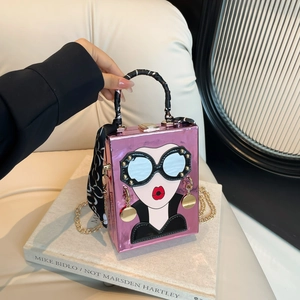 Sac Bandoulière Boîte En Similicuir Miroir Femme Design Visage Pop Art Poignée Foulard Chaîne Dorée Chic Soirée À La Mode