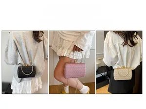 Detailed views of luxury chain bags in black, pink, and beige for multiple carrying ways