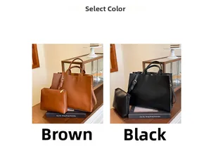 Selection of brown and black large tote bags with matching small zipper pouches