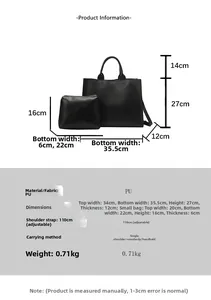 Detailed dimension chart for large black PU tote bag set with adjustable straps