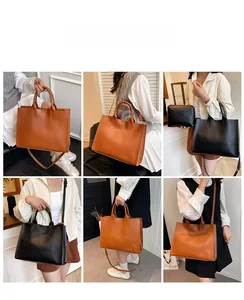 Detailed views of a large tote bag in black and brown, showing hand-carry and crossbody styles
