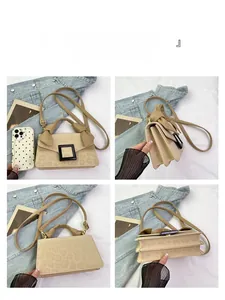 Multi-angle views of beige leopard print crossbody bag with black square metal buckle detail