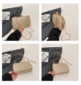 Champagne gold evening clutch with quilted texture and crystal lock shown in multiple angles