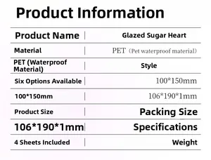 Detailed specification sheet for Glazed Sugar Heart PET stickers showing sizes and packing