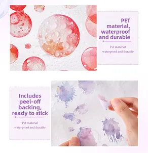 Close-up of waterproof PET watercolor heart stickers showing easy-peel pre-cut film