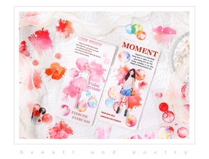 Detail of artistic watercolor girl bookmarks with pink hues and floral textures