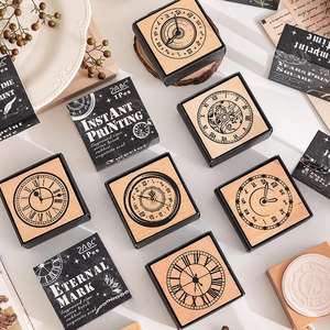 Vintage Houten Stempel Set Beukenhout Rubber Retro Klok Patroon Decoratieve Zegel Voor DIY Scrapbooking Hand Account Knutselen Kantoorartikelen