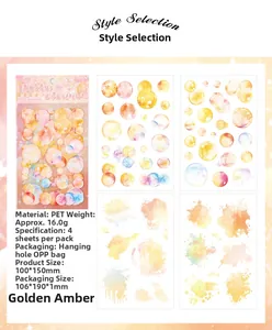 Detail view of Golden Amber series PET stickers with colorful bubbles and watercolor effects
