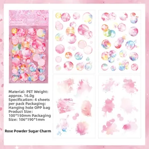 Detailed view of pink PET watercolor bubble stickers with packaging and macro shots