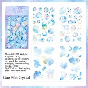 Detailed view of Blue Mist PET stickers set showing 4 sheets of dreamy watercolor bubbles