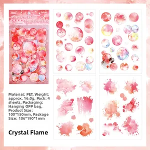 Detailed PET watercolor stickers set showing four sheets with pink splash art designs