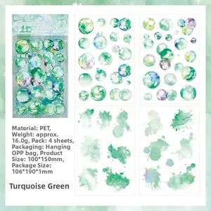Detailed view of turquoise green watercolor PET stickers set with 4 sheets for journaling