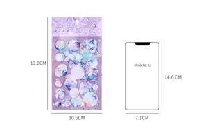 Size chart showing 19.0x10.6cm purple bubble stickers compared to iPhone 12