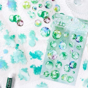 Artistic watercolor bubble stickers in turquoise with glass-like texture, set of 4 pieces