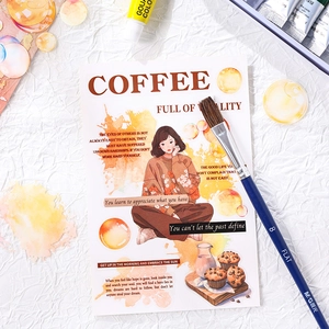 Artistic PET sticker featuring a girl with coffee theme illustration and watercolor textures