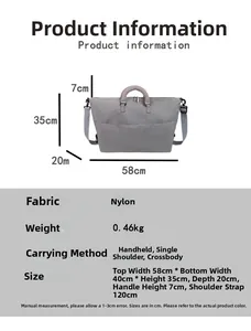 Tableau des tailles pour sac de voyage en nylon indiquant dimensions 58x40x35cm et poids