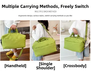 Trois façons de porter le sac de voyage vert : à la main, à l'épaule et en bandoulière