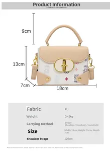 Tabla de tallas para mini bolso caja estampado detallando 18x13x7cm y el material de PU