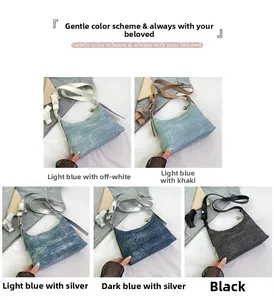 Detailed collage of denim hobo bags with heart charms in five different colorways
