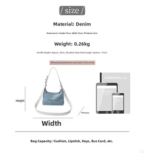 Detailed size chart for denim hobo bag showing dimensions 18x22x8cm and weight 0.26kg