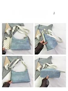 Multi-angle view of denim hobo bag with white leather strap and silver heart charm
