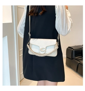 Detail of beige rectangular bag with textured leather and metallic C-shaped logo buckle