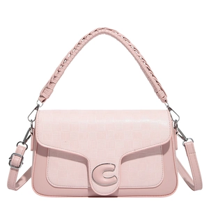 Pink PU leather handbag with checkered embossing and stylish woven handle on white background