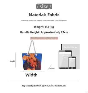 Detailed size chart of tote bag showing dimensions and capacity with A4 and iPad