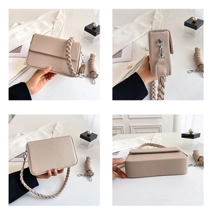 Vues détaillées du sac boîte en cuir beige avec poignée tressée et bandoulière