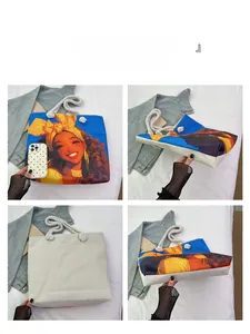 Detailed views of printed canvas tote bag with pop art design and thick rope handles