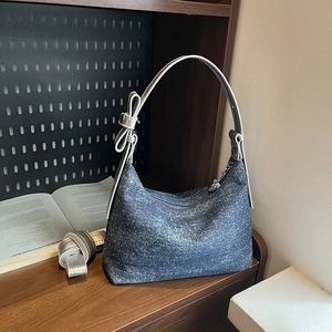 Denim Hobo Bag Women Rhinestone Crossbody Underarm Purse With Adjustable Butterfly Bow Strap Heart Pendant Vintage Style