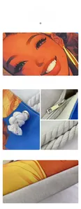 Detailed macro view of vibrant printed canvas tote bag featuring white rope handles