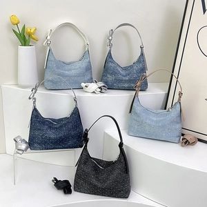 Sparkly denim hobo shoulder bags in multiple colors with leather straps and zip closure