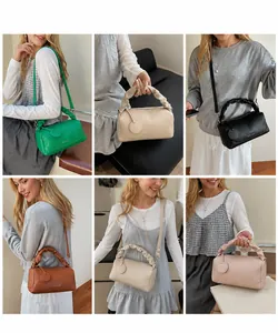 Detailed views of the retro Boston soft leather handbag in six elegant assorted colors