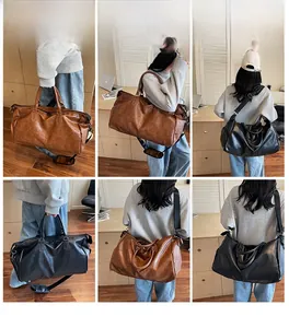 Collage of leather travel duffle bags showing hand-held and cross-body styling for men