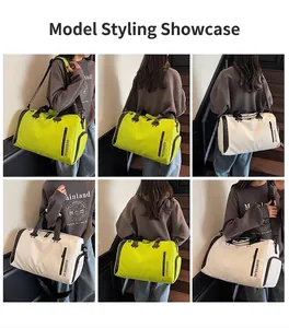 Multi-angle view of fluorescent green and cream travel duffel bag for sports and fitness