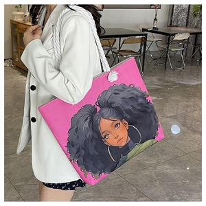Pink canvas tote bag featuring stylish female illustration and white rope handles